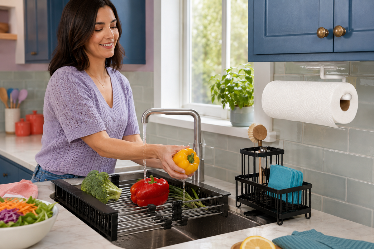 Rinsing peppers over the Sink Reset expandable basket