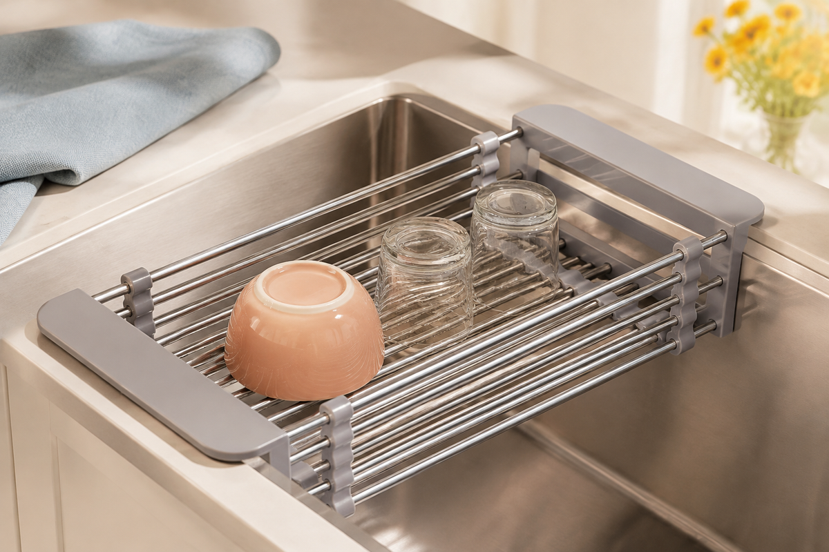 Gray expandable sink basket draining a bowl and two glasses
