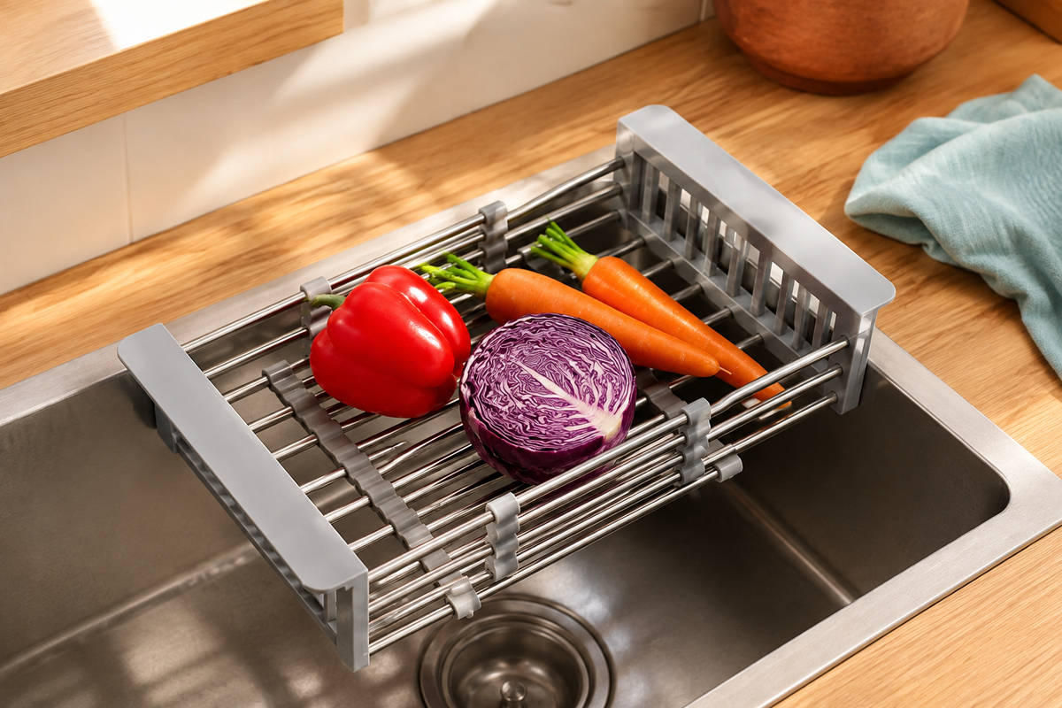 Gray sink basket holding bell pepper, carrots and cabbage
