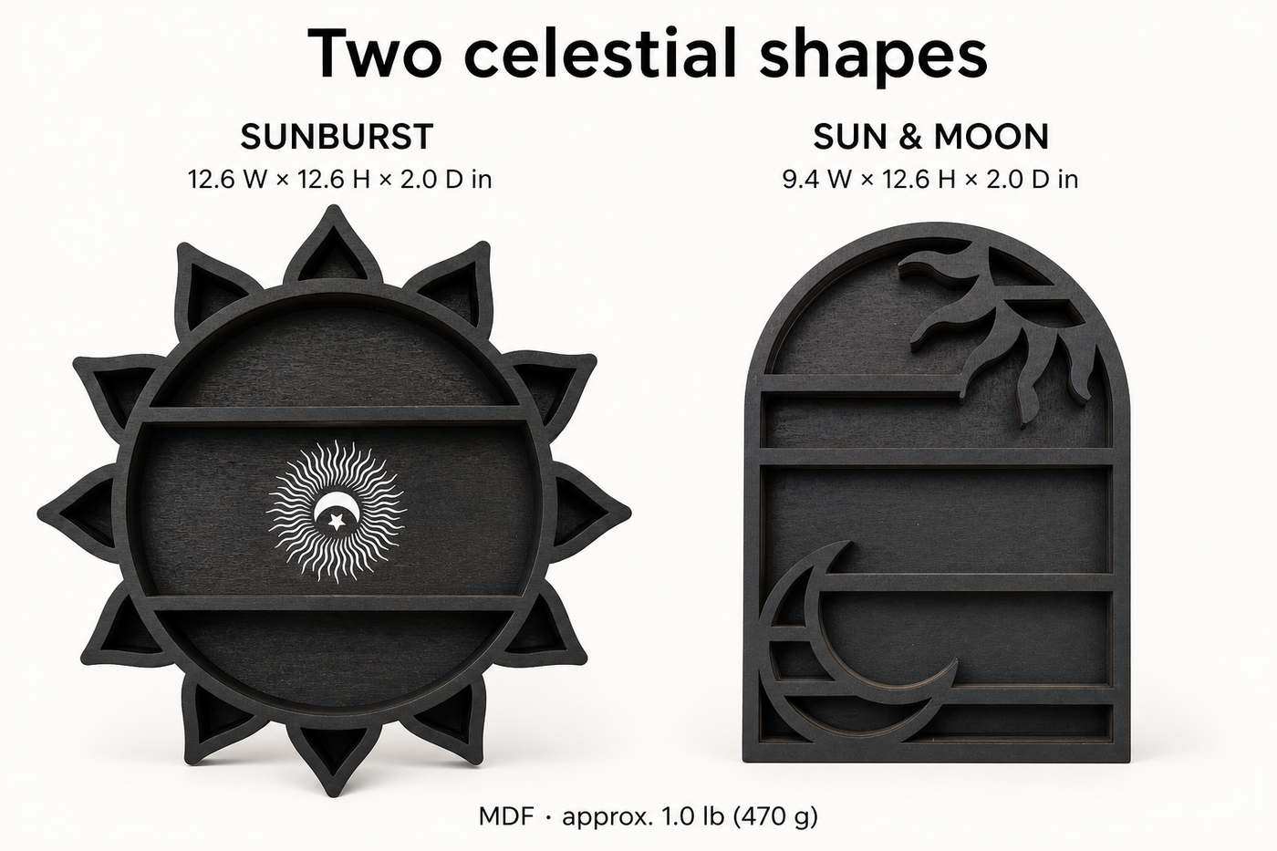 Solstice Sunburst and Sun and Moon shelf shapes with dimensions