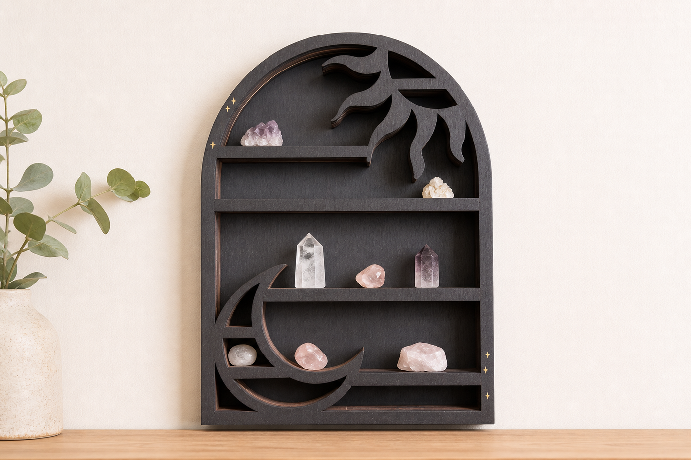 Solstice Sun and Moon arched dark MDF shelf with small crystals
