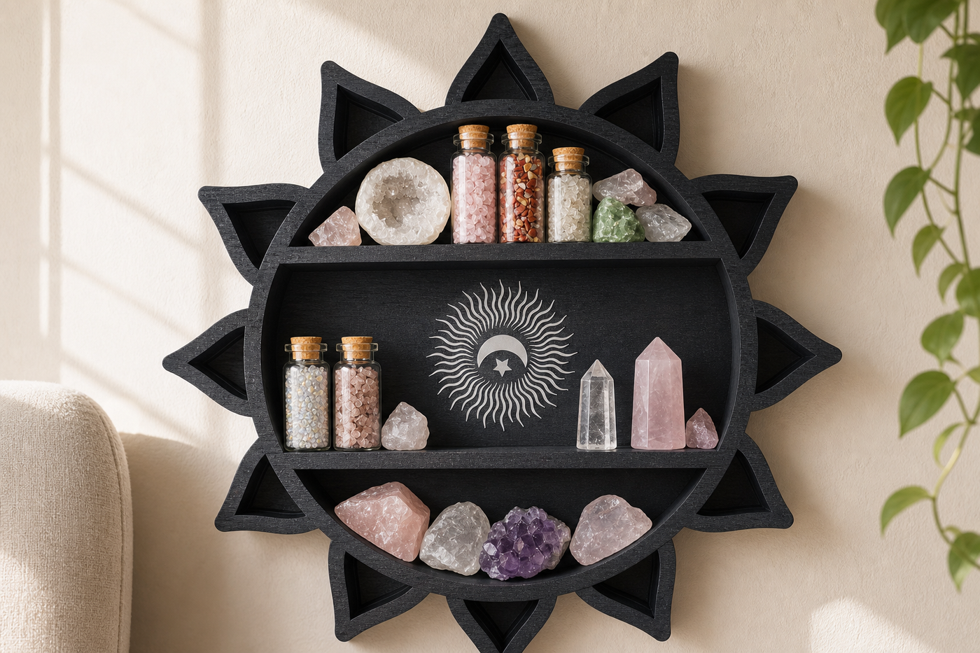 Solstice Sunburst dark MDF shelf displaying small crystals and apothecary bottles