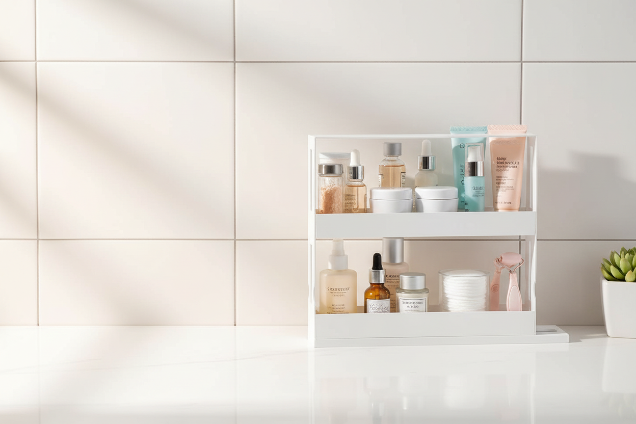 Pivot organizer on a bathroom counter holding skincare bottles and jars