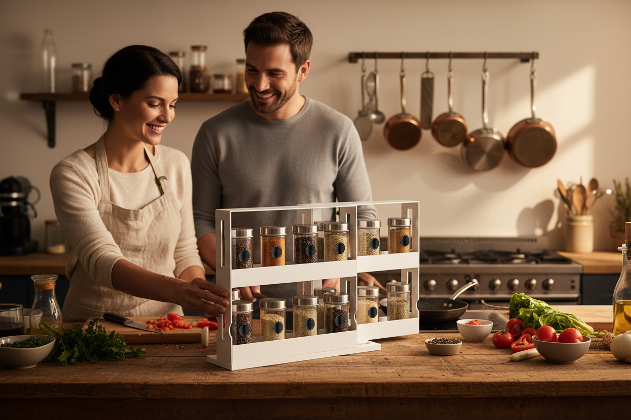Couple cooking at a kitchen island with the Pivot organizer of spice jars open in front of them