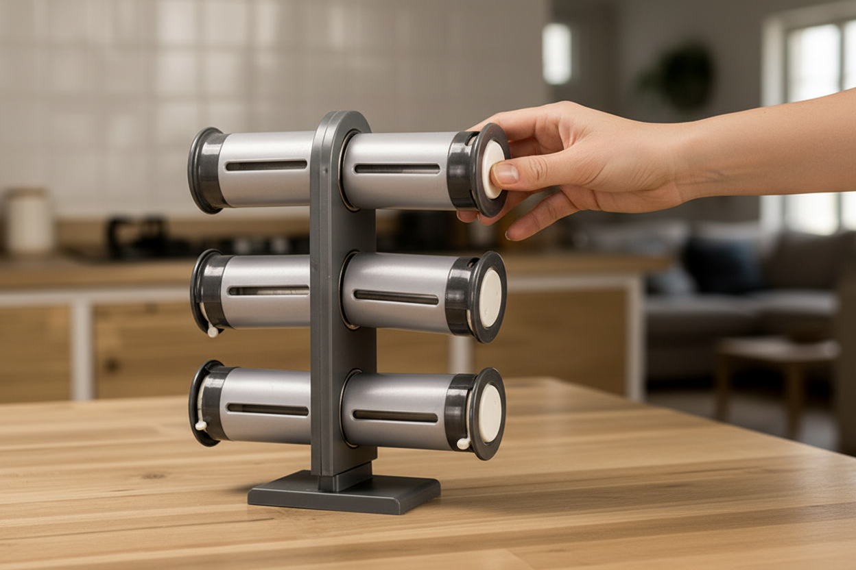 Hand lifting one magnetic spice tube off the SpiceDock rack