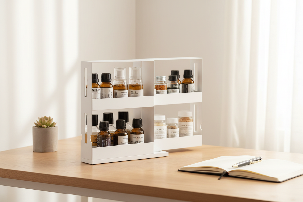 Pivot organizer on a desk holding small amber bottles, both decks swung open