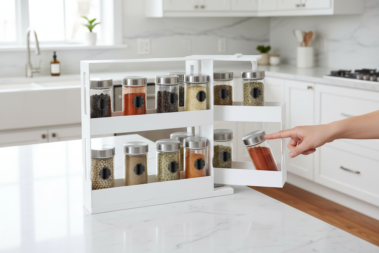 Hand swinging out the lower deck of the white Pivot organizer, loaded with spice jars