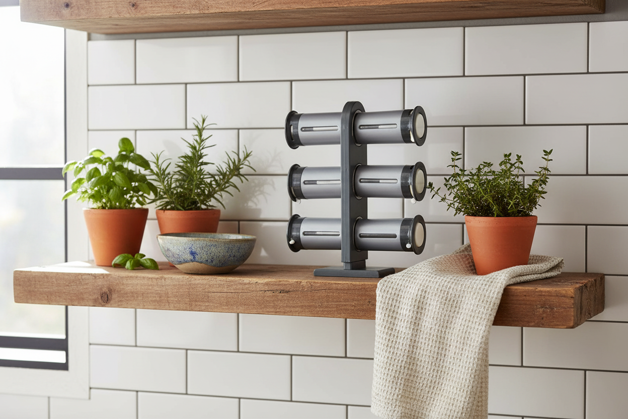 SpiceDock rack of six magnetic spice tubes on an open kitchen shelf