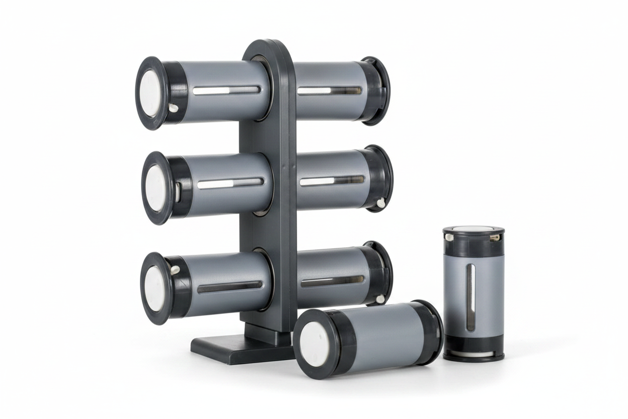 Close-up of a SpiceDock tube held to the rack by its magnetic base