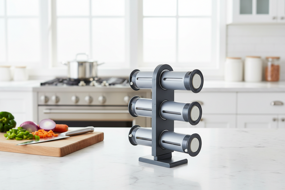 SpiceDock magnetic spice rack on a marble countertop