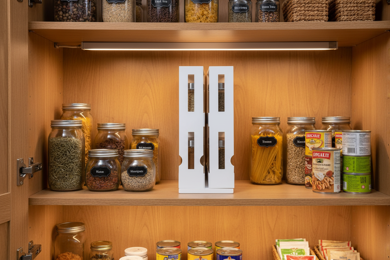 Pivot organizer closed and stored on a pantry shelf between jars and tins