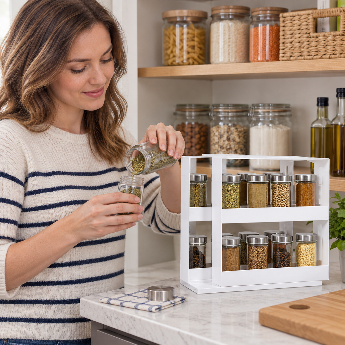 SpinReach two-tier spice rack in realistic household kitchen use