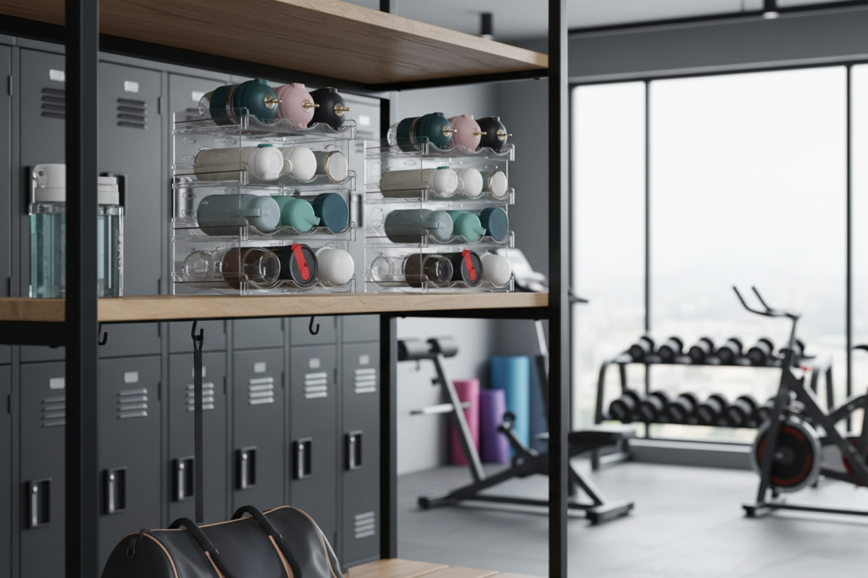ClearStack bottle organizers holding bottles on a shelf in a gym
