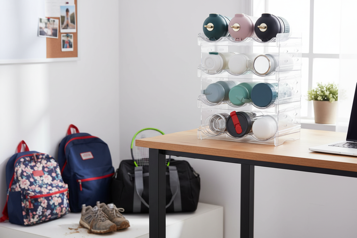 ClearStack bottle organizer on a mudroom table beside backpacks and a duffel