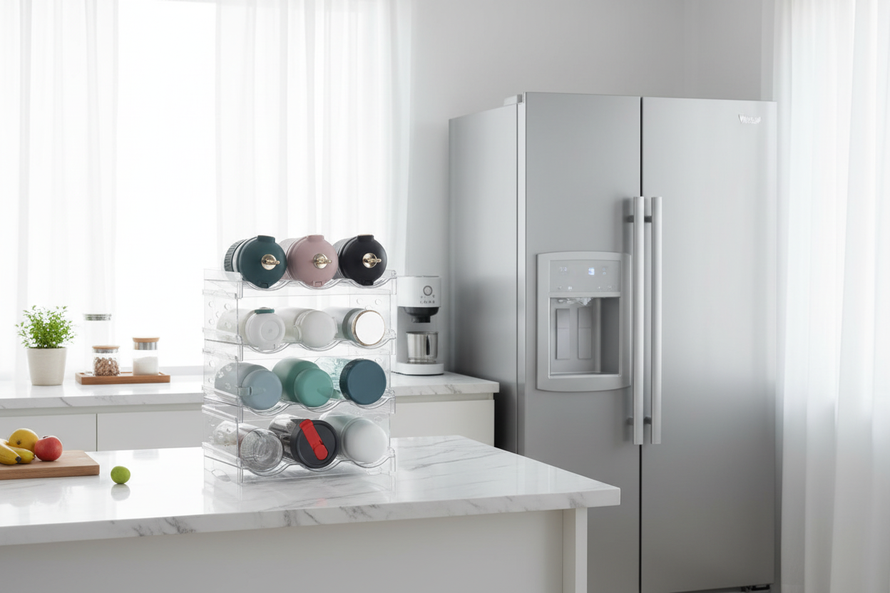 ClearStack bottle organizer stacked four tiers high on a kitchen counter