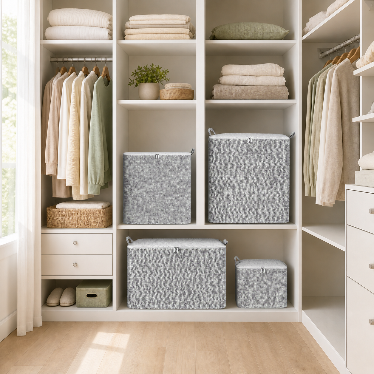 Stow four-piece grey herringbone storage bag set in a bright bedroom closet