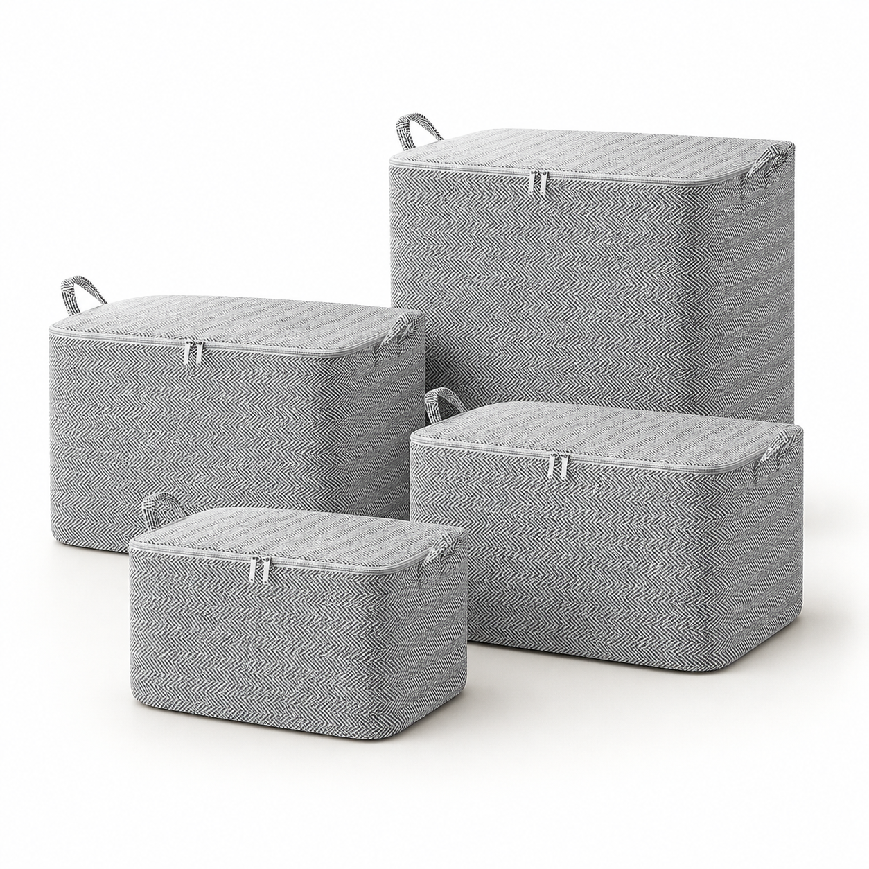 Stow four-piece grey herringbone foldable storage bag set on white