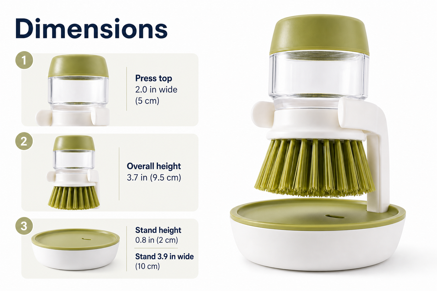 SudsNest soap-dispensing palm brush dimensions and component measurements