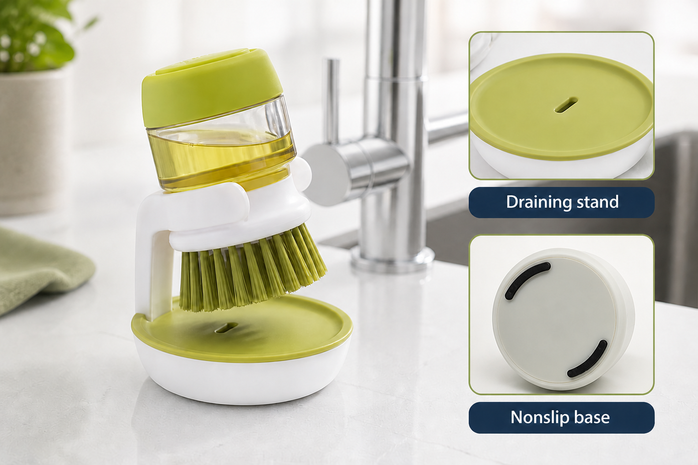 SudsNest brush in its draining stand with two nonslip base pads