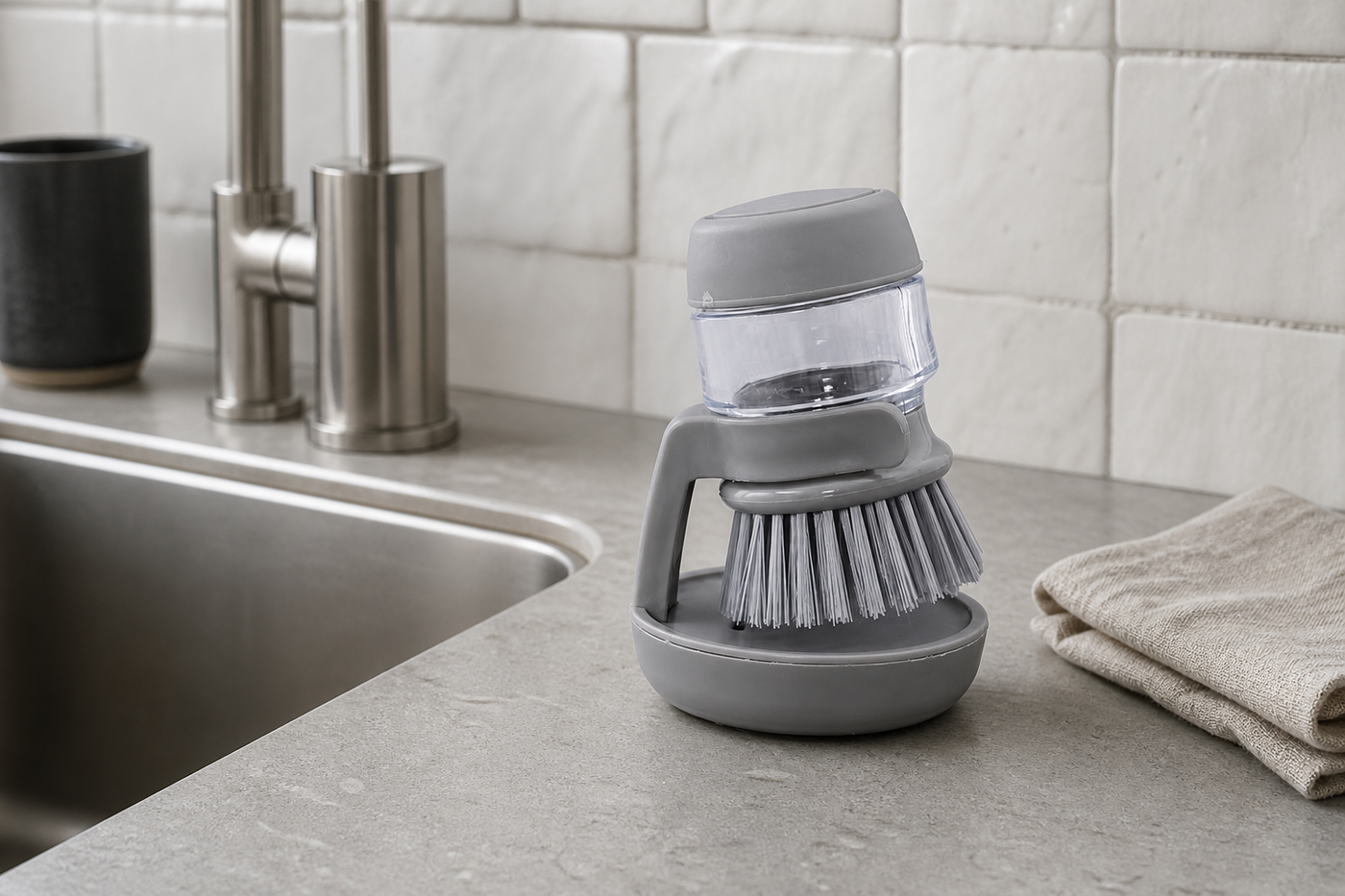 SudsNest Grey soap-dispensing palm brush in its drainage stand by the sink