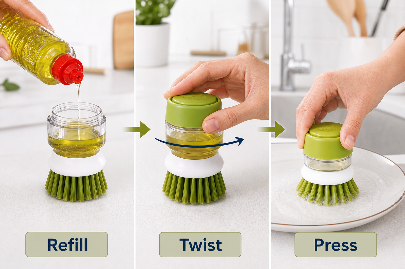 How to refill, twist closed and press the SudsNest soap-dispensing brush