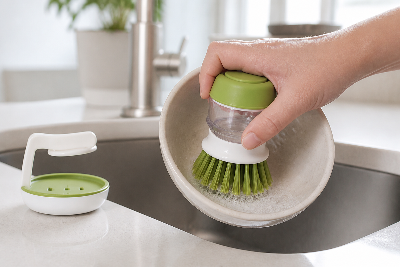 SudsNest Sage Green palm brush scrubbing a ceramic bowl beside its drainage stand