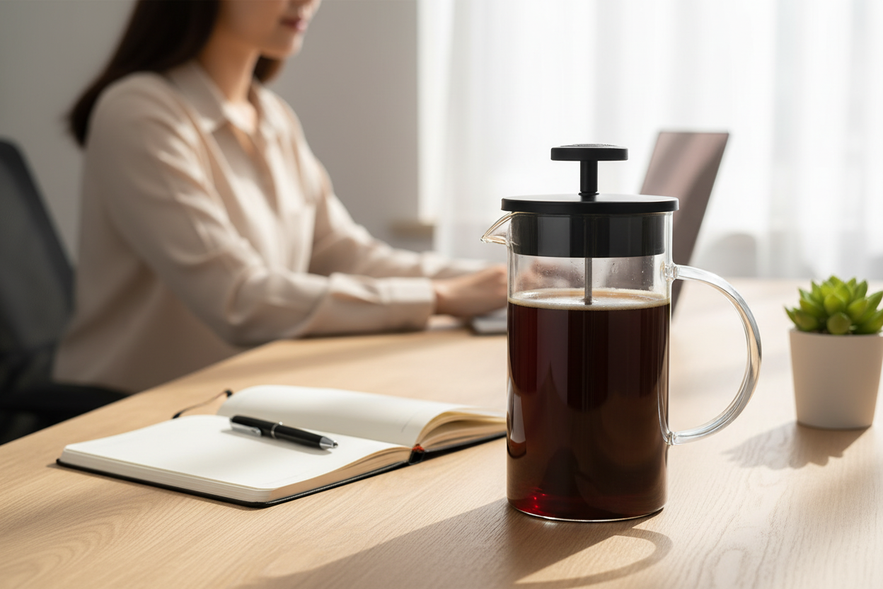Steep glass tea press of dark tea on a desk beside an open notebook