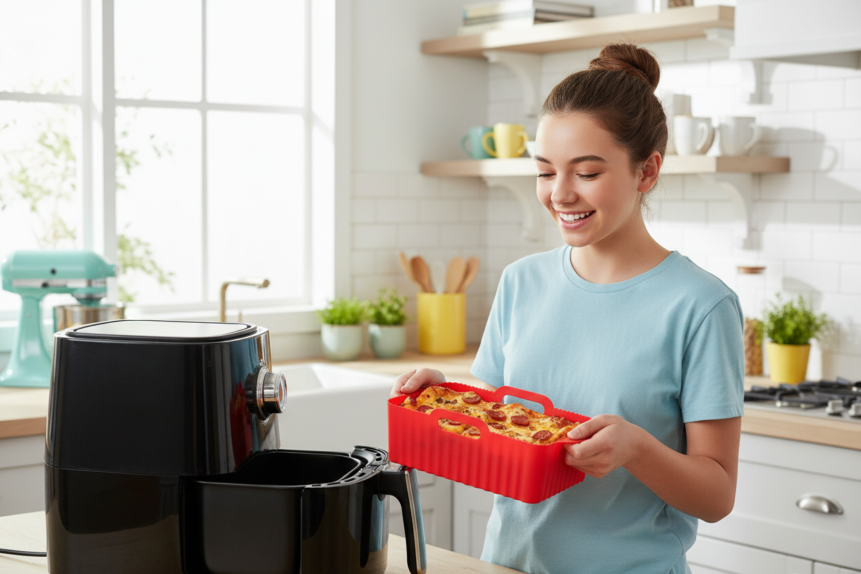 Teen girl with pizza bites in red liner at correct scale