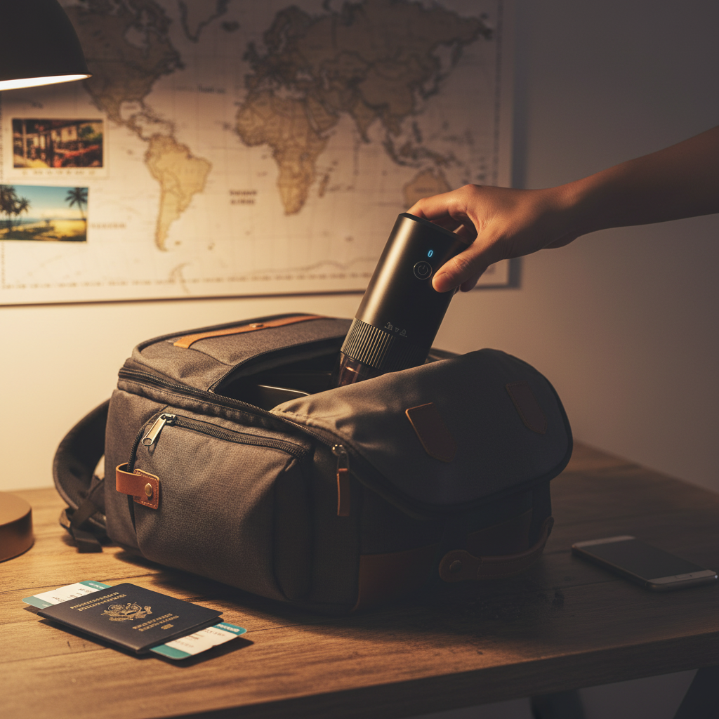 BeanMill coffee grinder packed beside travel gear