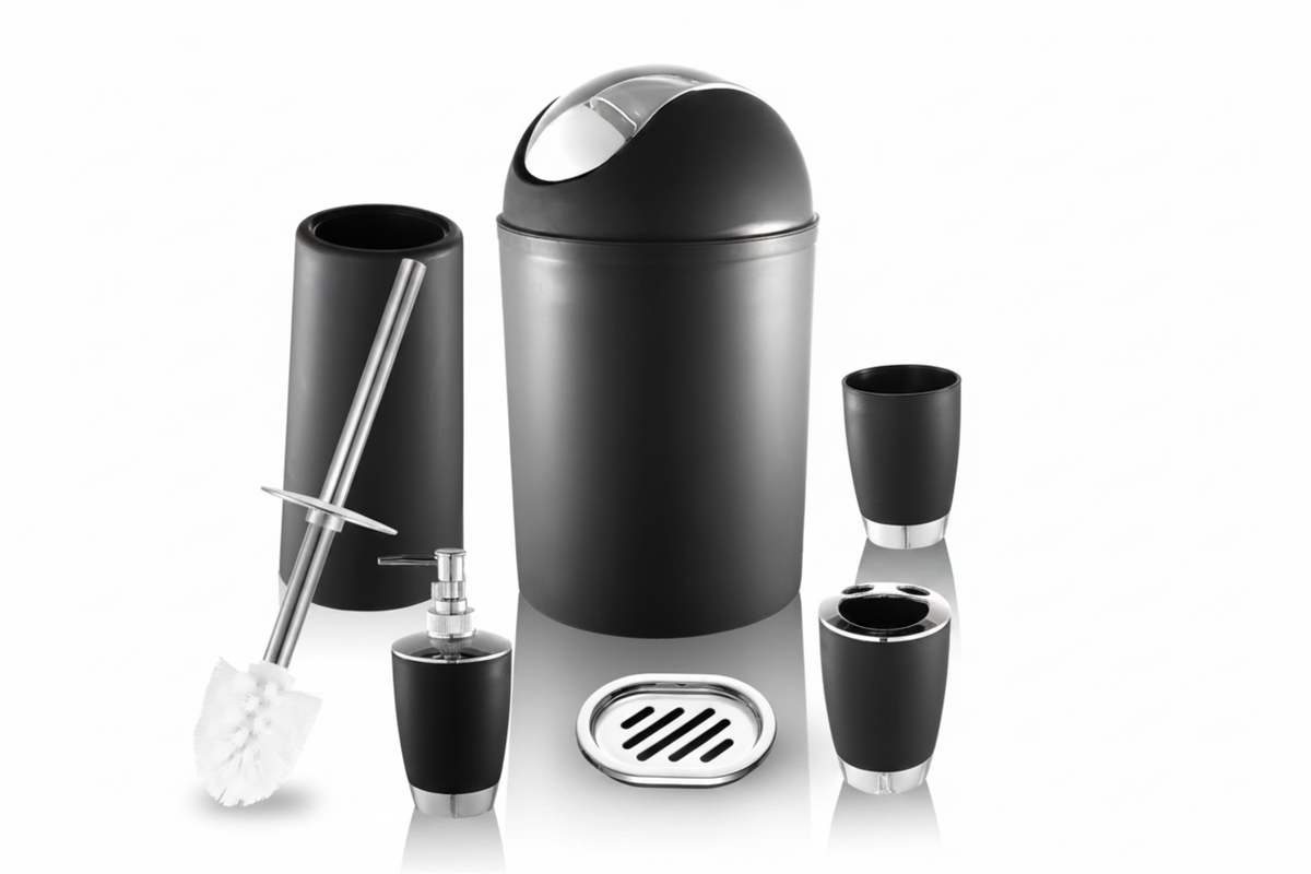 Exact Black Suite six-piece bathroom set with silver-tone accents