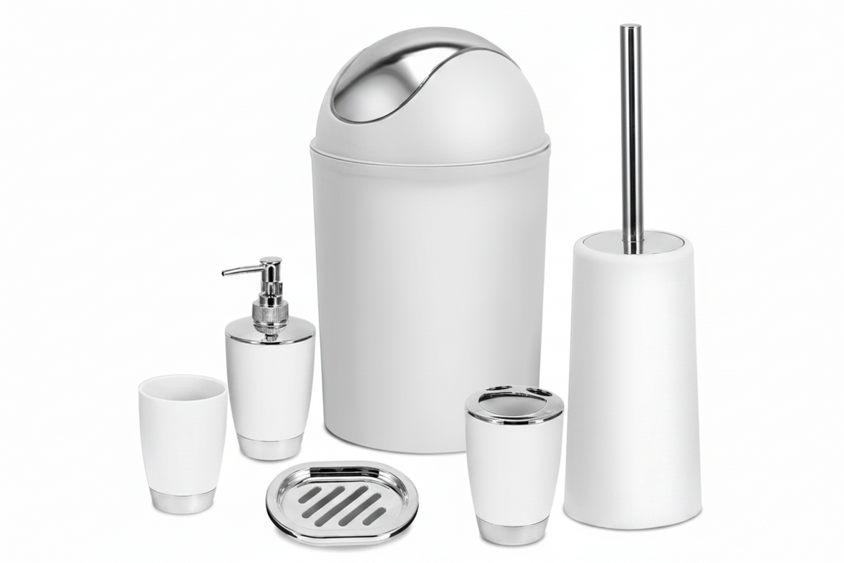 Exact White Suite six-piece bathroom set with silver-tone accents