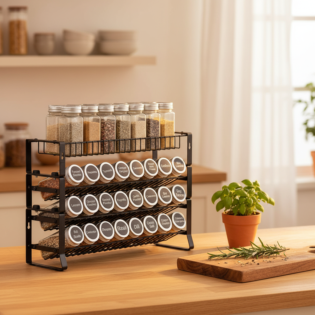Savor four-tier spice rack filled with labelled jars on a warm wood countertop
