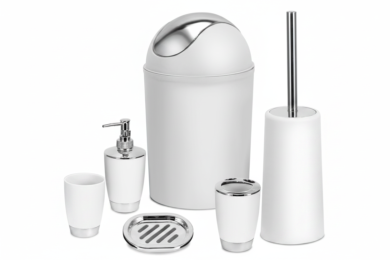 Suite six-piece bathroom set in white — waste bin, toilet brush, soap dispenser, tumbler, toothbrush holder and soap dish