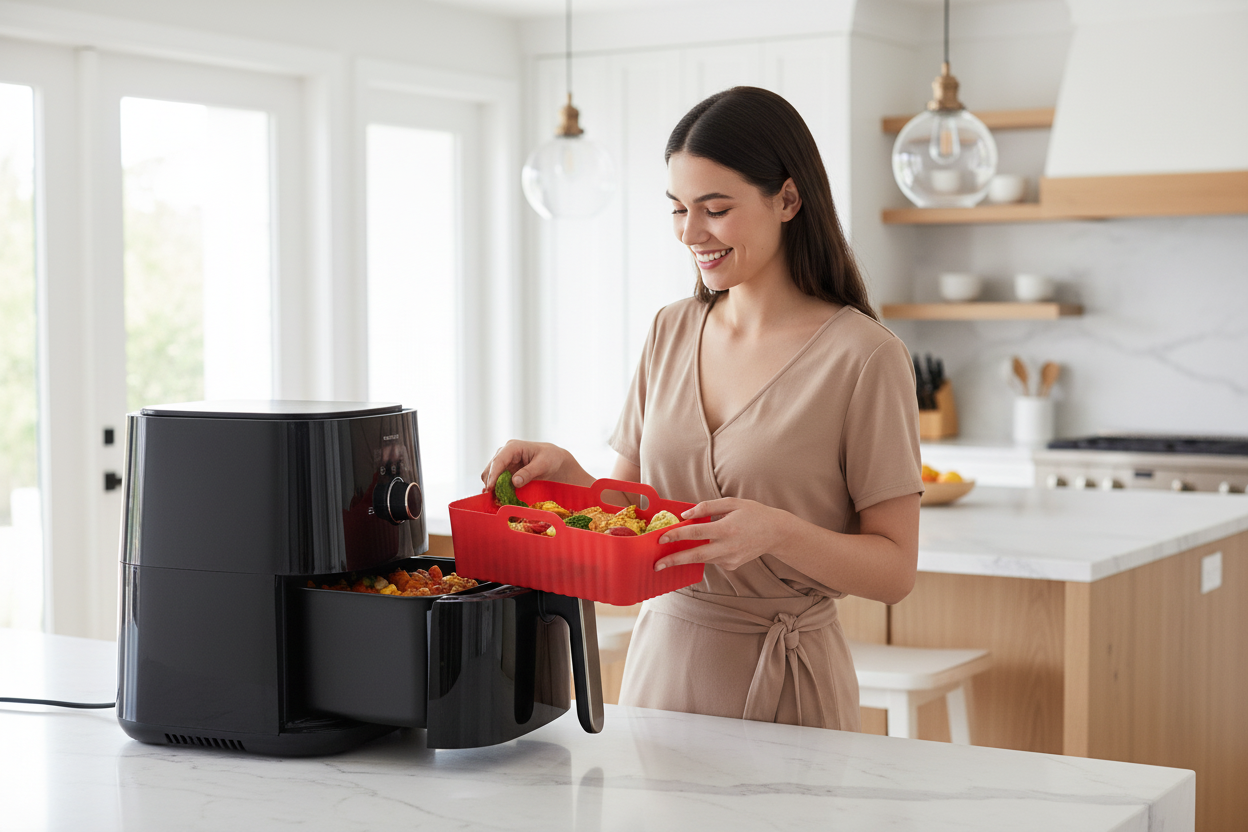 Woman placing food in red liner at correct scale