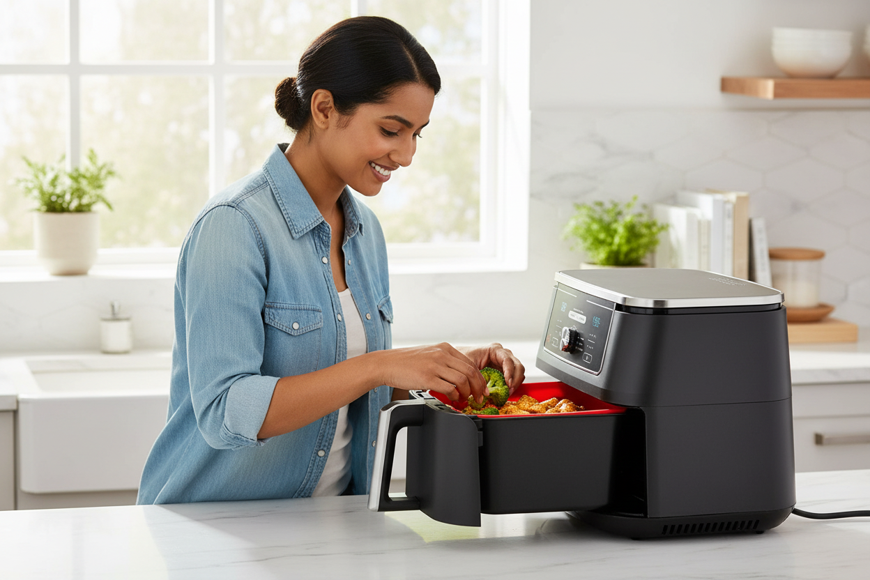 Woman placing food in red silicone liner