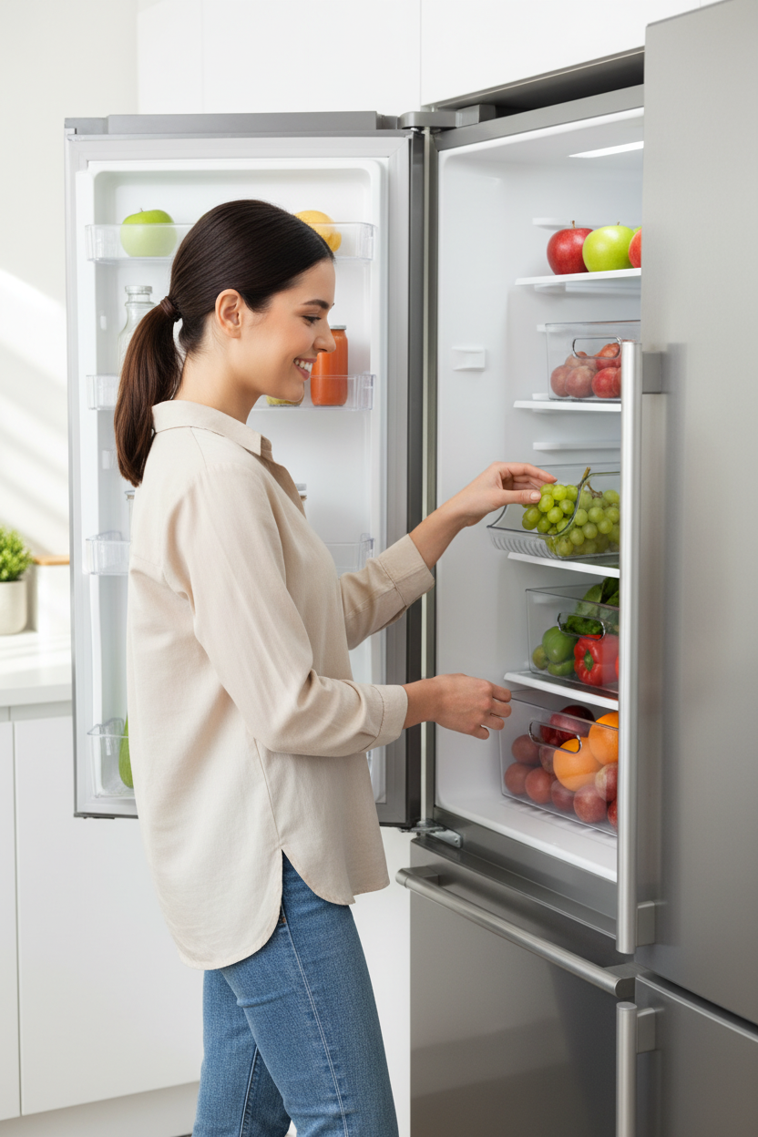 Woman reaching into a fridge stocked with clear FreshStack organizer bins