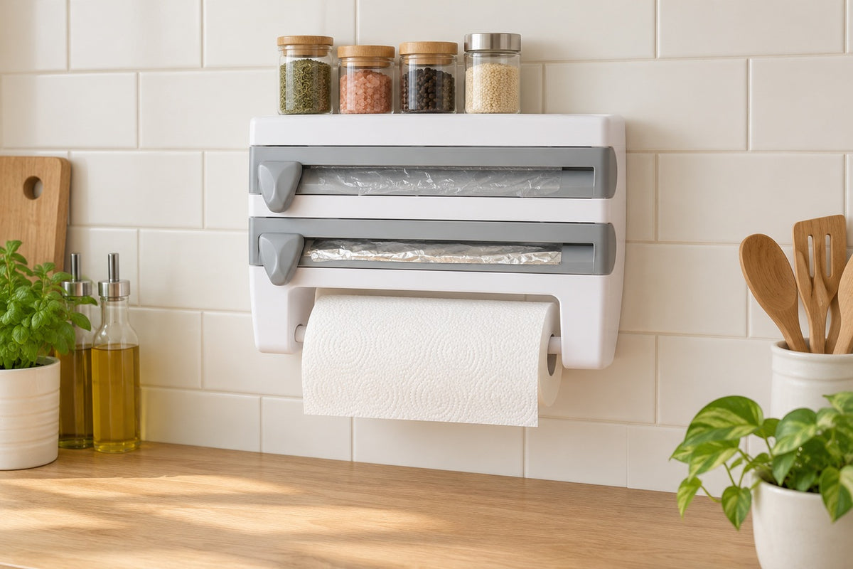 WrapRest white and gray wall dispenser holding wrap, foil and a paper towel roll above a kitchen counter; styling contents not included