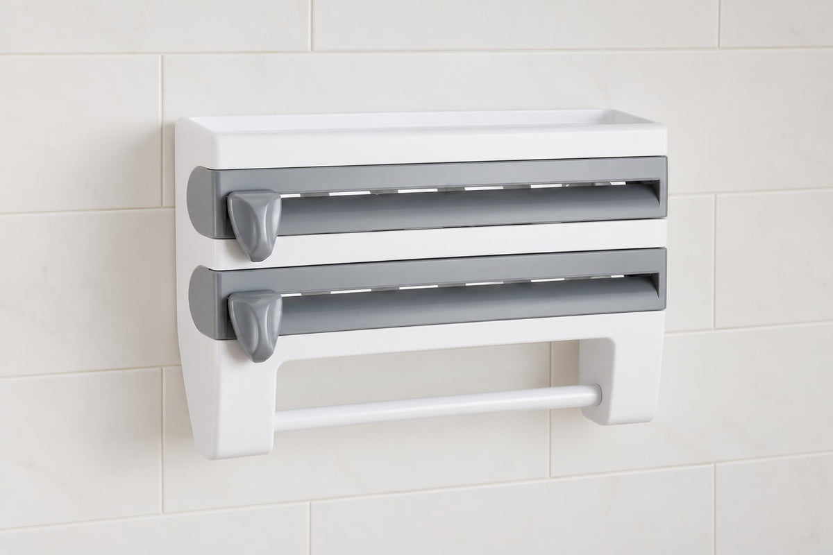 Empty WrapRest wall dispenser showing two gray sliding cutters, upper shelf and lower paper towel bar