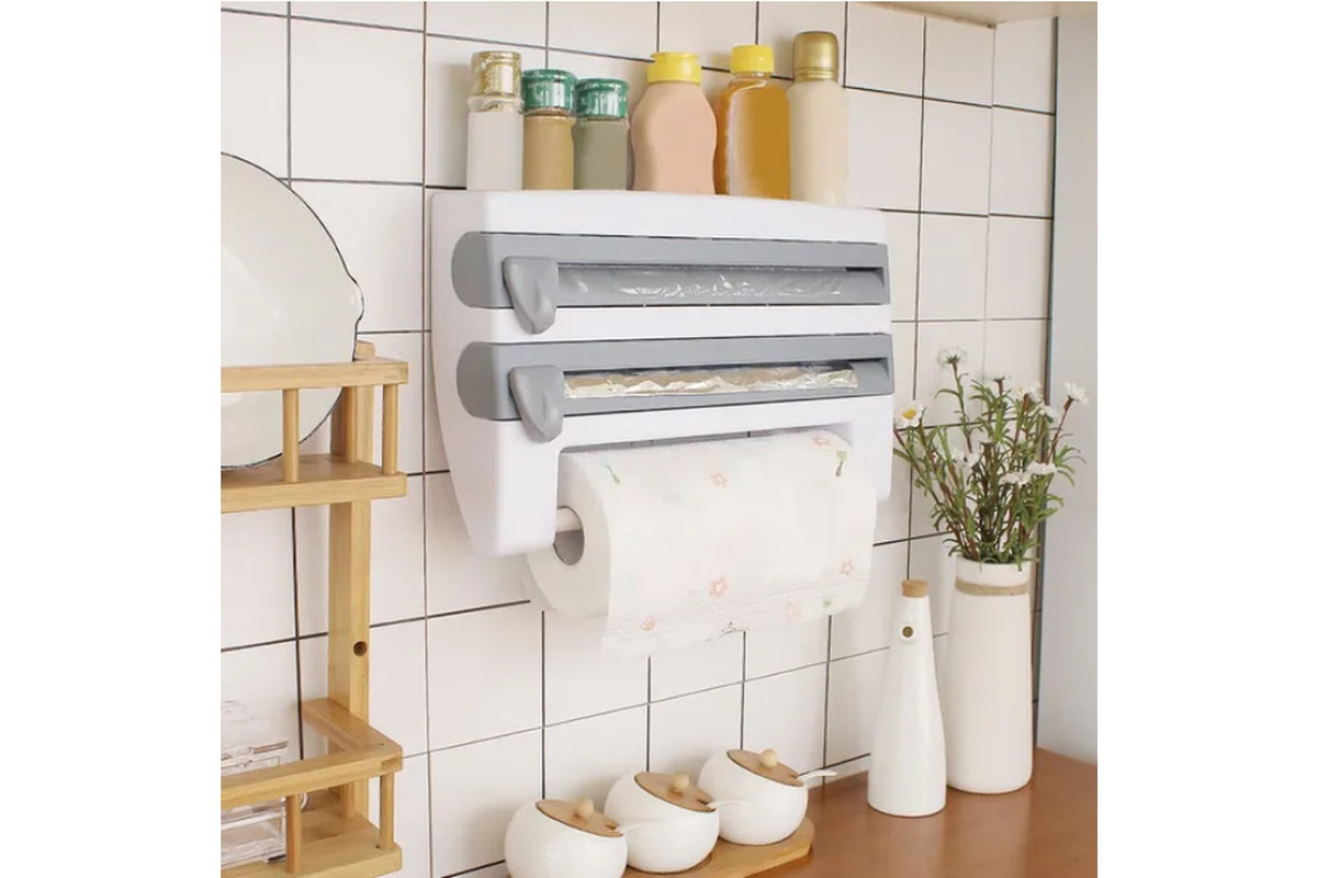 WrapRest supplier photograph showing the wall dispenser with kitchen rolls and small jars; styling contents not included