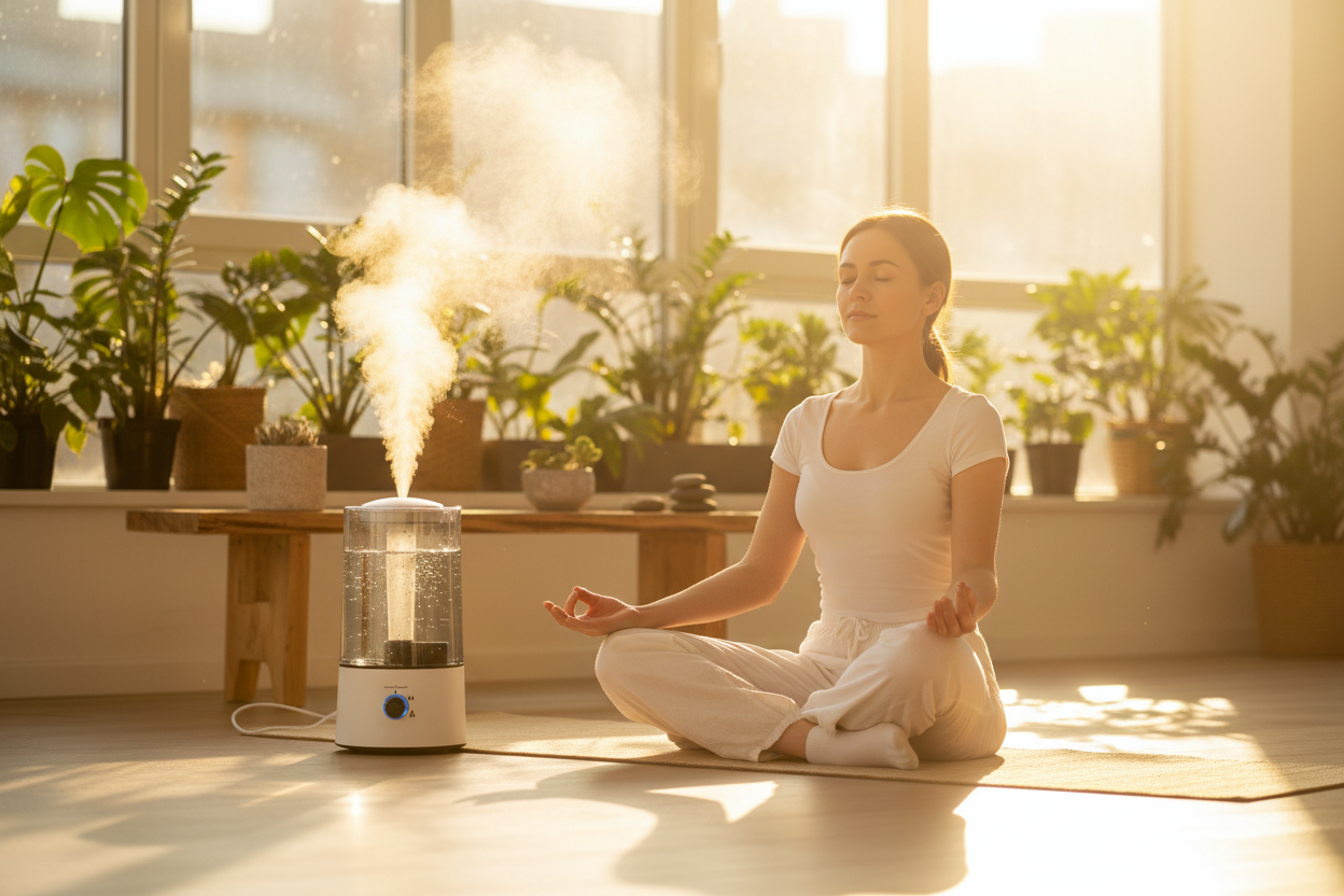 HushMist humidifier running in a corner of a yoga room