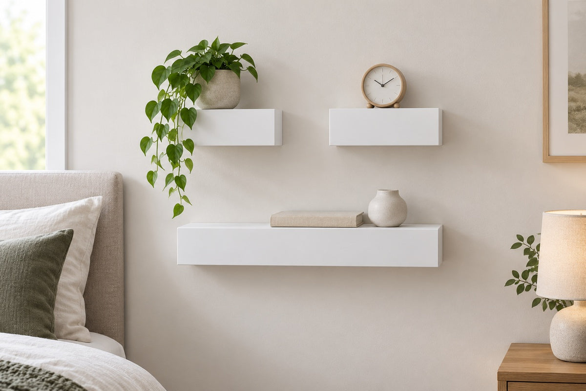 CloudLedge — three white shelves on a bedroom wall
