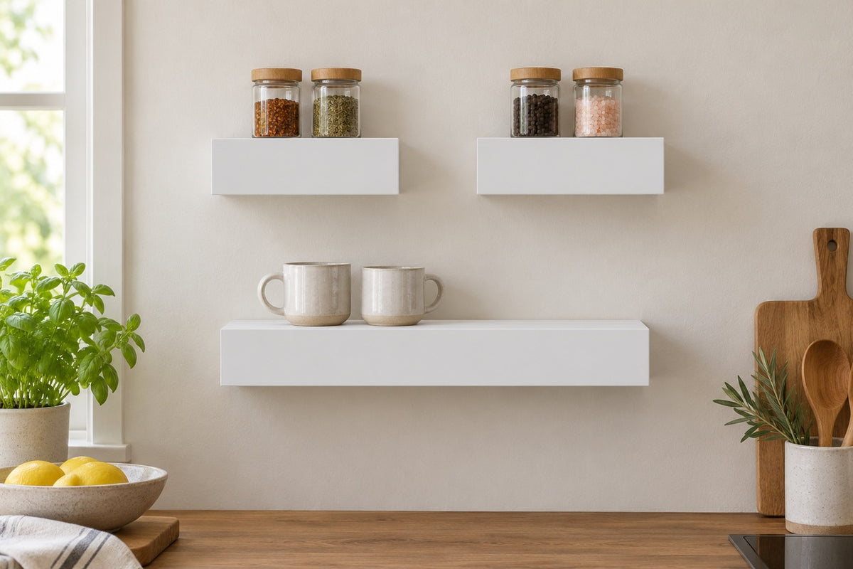 CloudLedge — white shelves with spice jars and lightweight cups in a kitchen