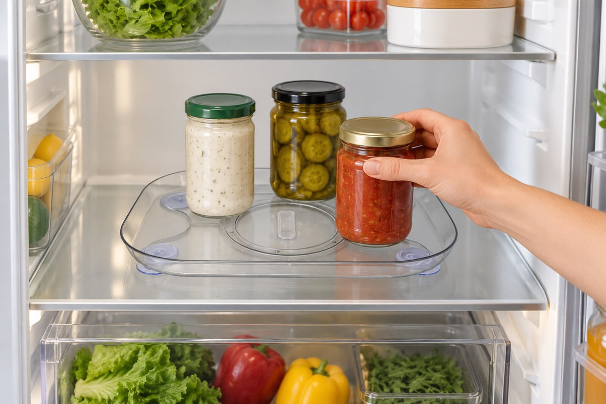 FridgeGlide — reaching for a jar on the clear refrigerator tray