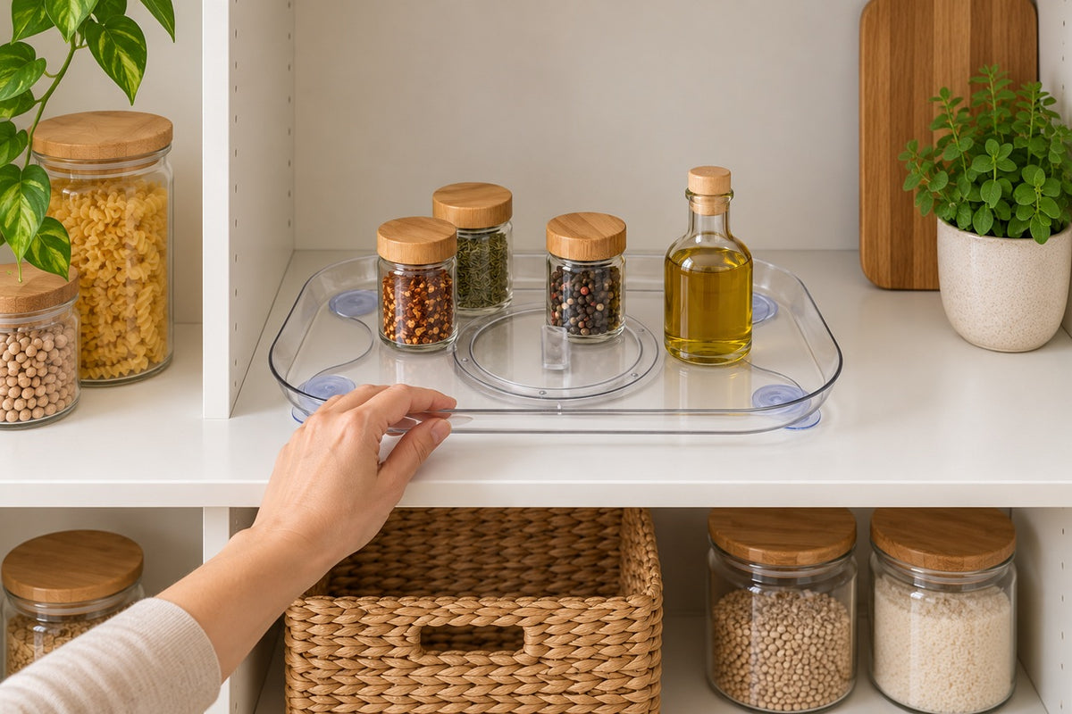 FridgeGlide — using the clear tray on a pantry shelf