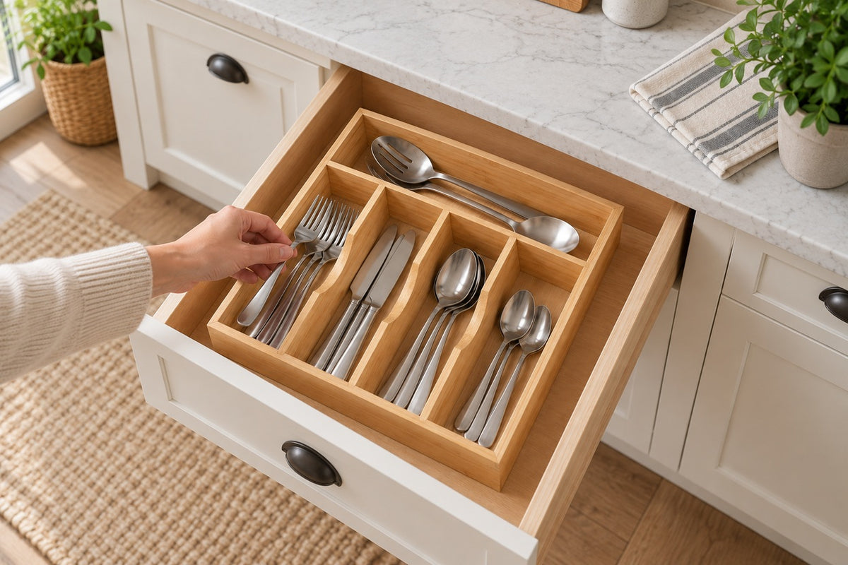 GrainNest — taking a fork from the five-compartment bamboo drawer tray