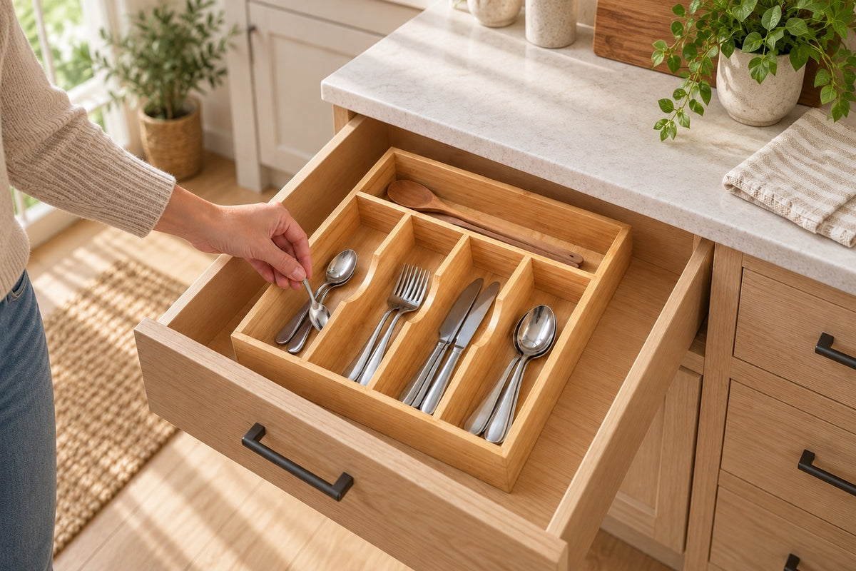 GrainNest — putting cutlery into the bamboo drawer organizer