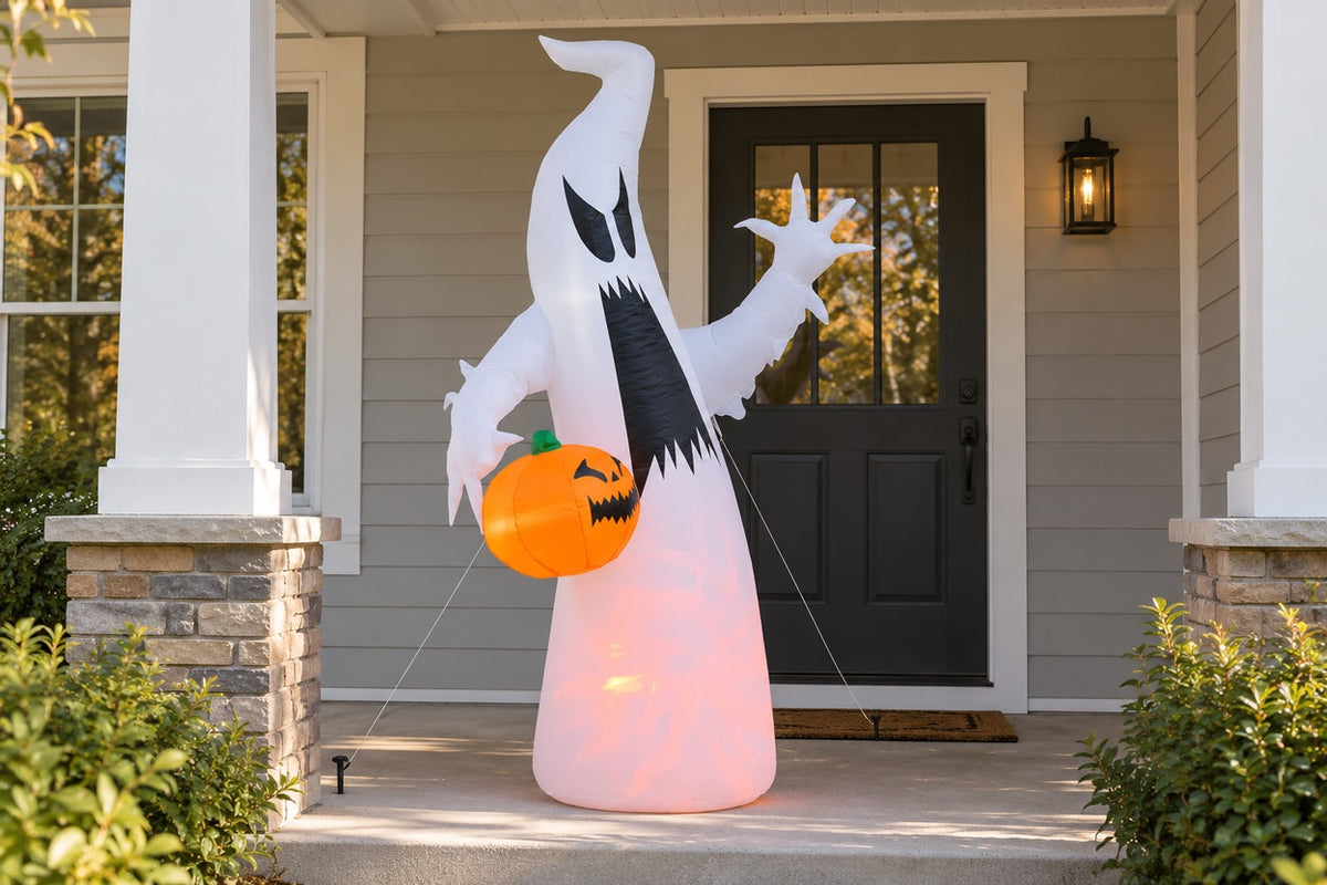 The Haunt — white ghost with pumpkin pail on a sheltered porch