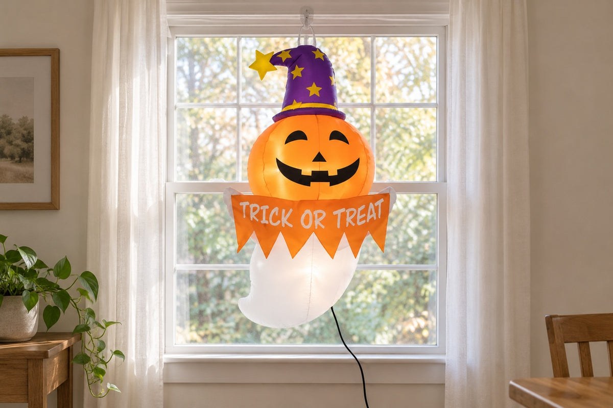 The Haunt — pumpkin-headed ghost with purple hat by an indoor window