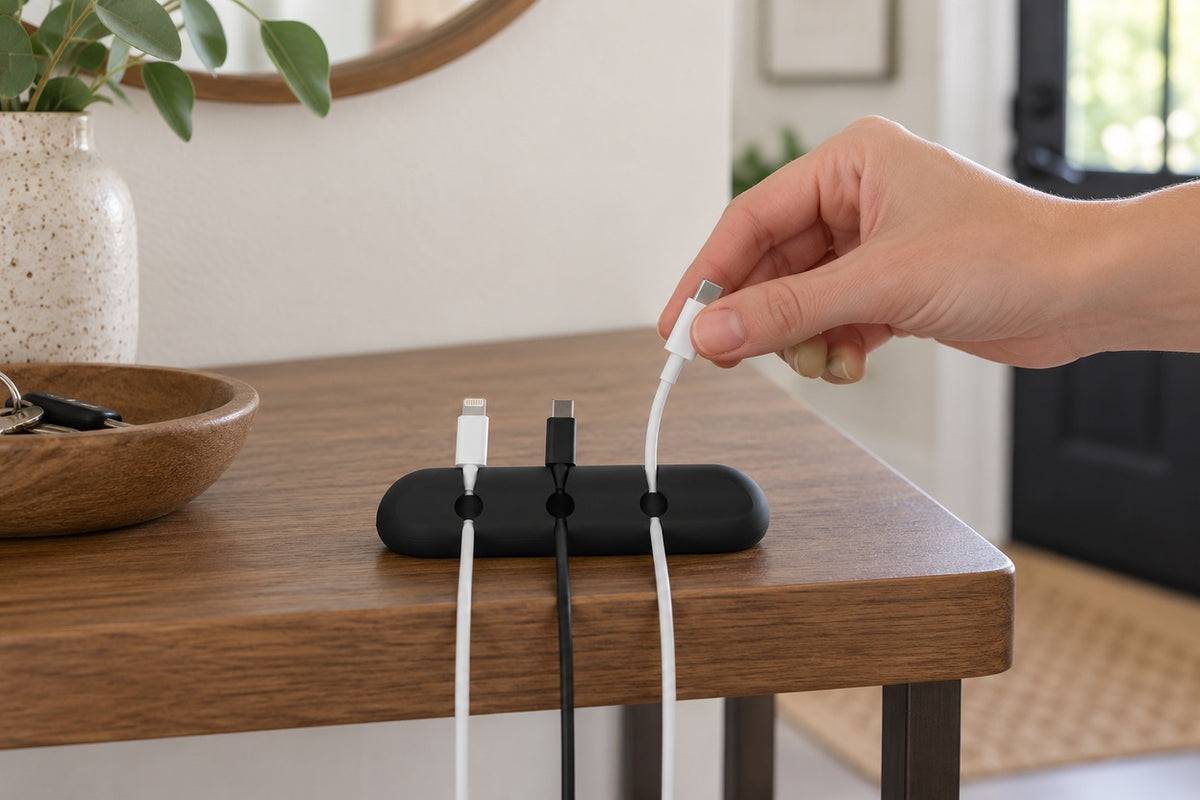 The Haunt — black three-slot cable strip holding three thin phone cables
