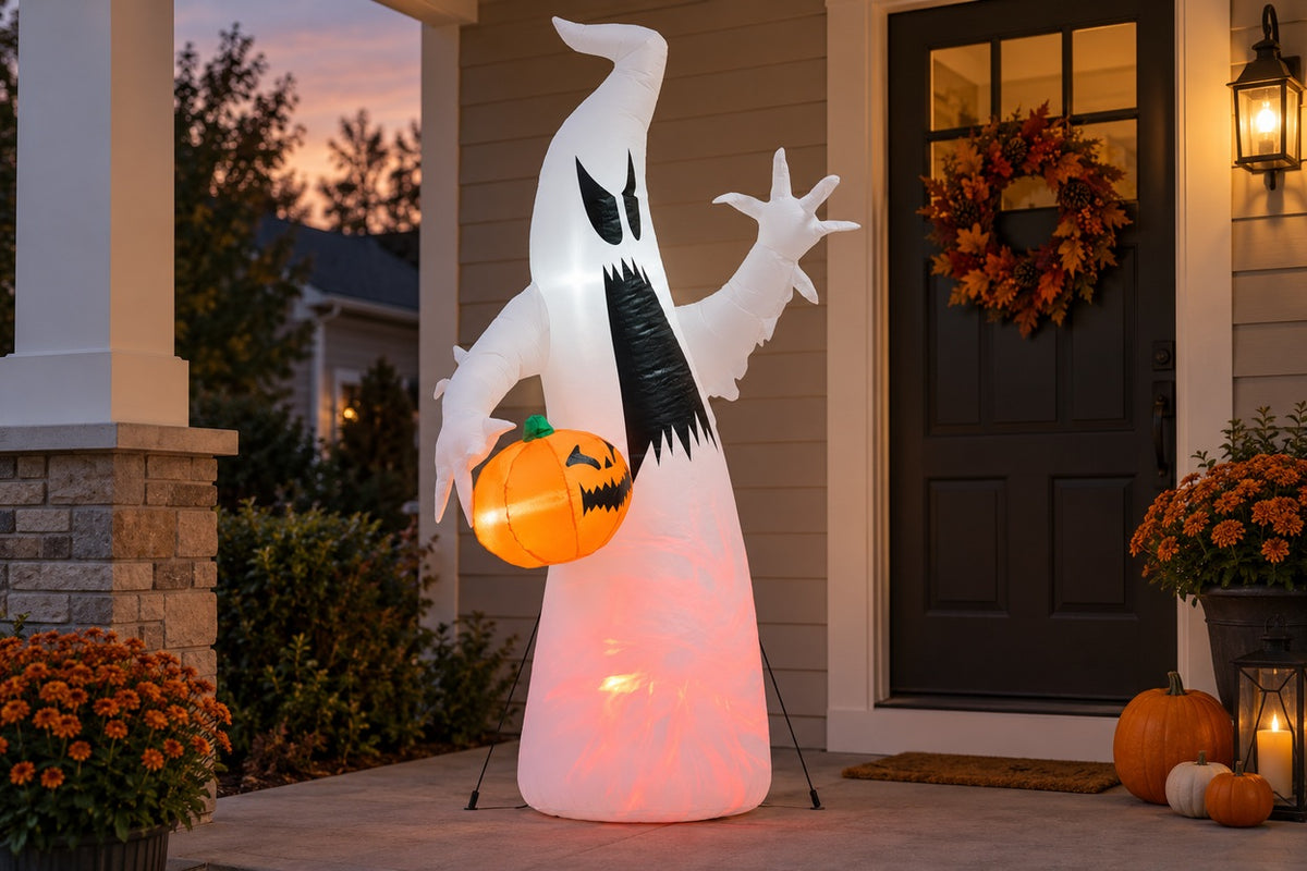The Haunt — white inflatable ghost at dusk on a sheltered porch